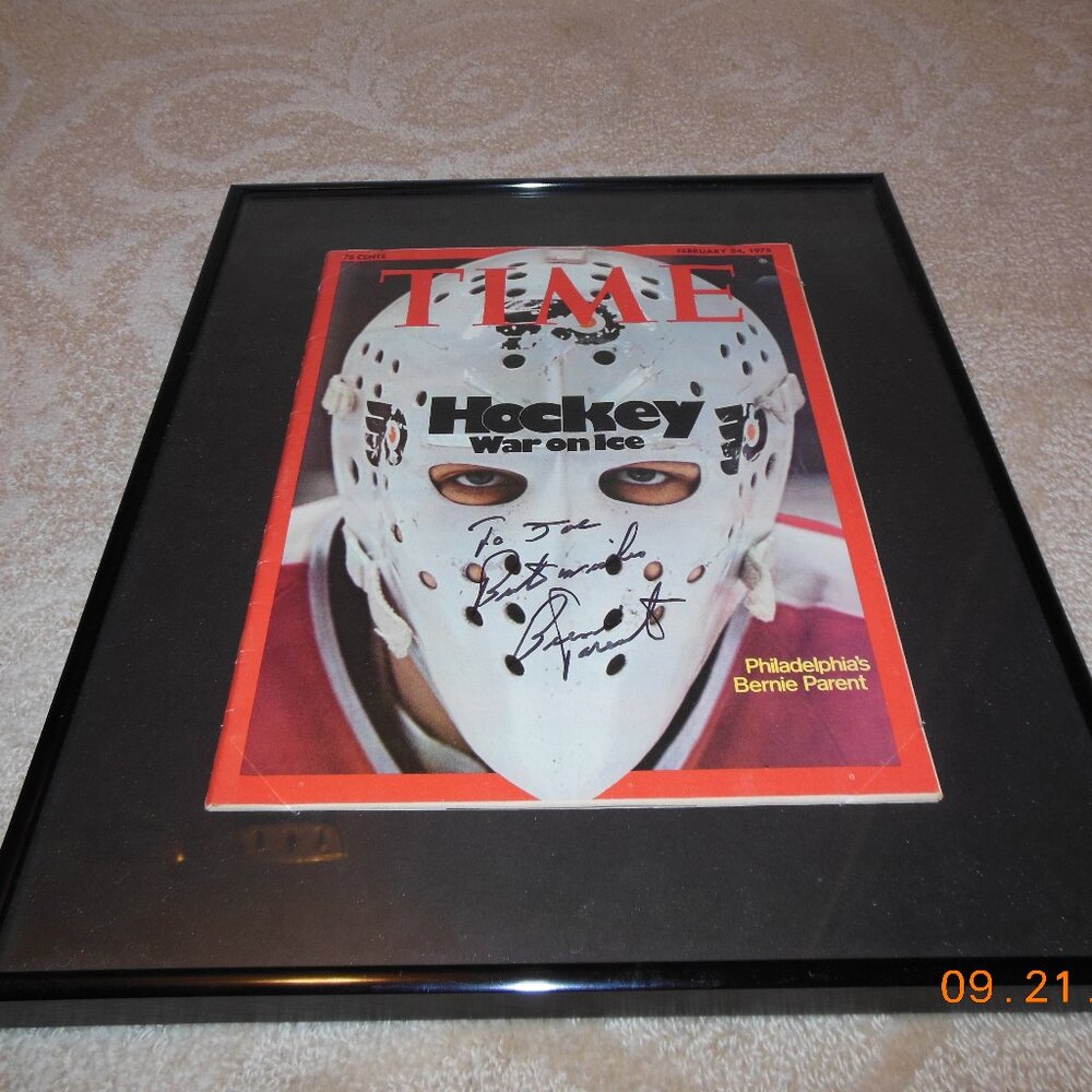 Bernie Parent AUTOGRAPHED Framed TIME Magazine BROAD STREET BULLIES Phila Flyers